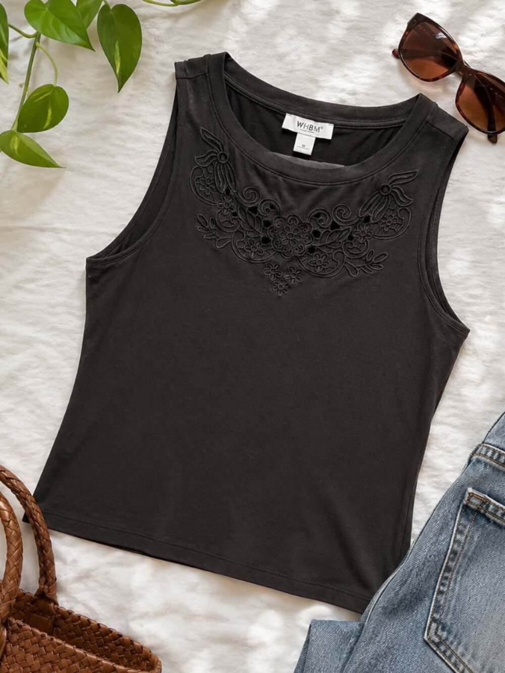 WHBM Black Embroidered Sleeveless Top Medium | Floral Cutout Stretch Tank Boho